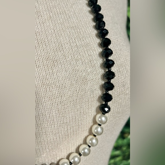 Glass Bead Necklace Faux Pearl Black Silver Beads Fashion Jewelry 30" - Picture 4 of 5